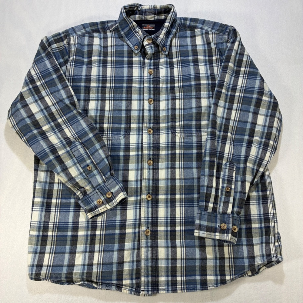 Gorpcore Mens Button Down Shirt Cotton Large Blue Plaid Flannel Ridgecut Outdoor
